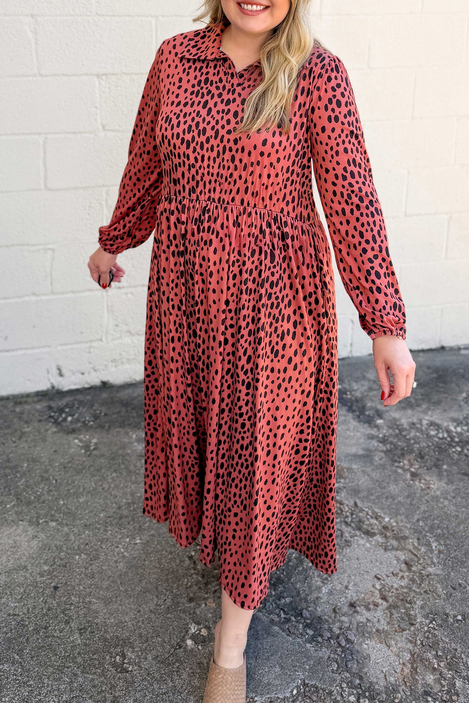 Leopard Print Long Sleeve V Neck Plus Size Midi Dress – Red