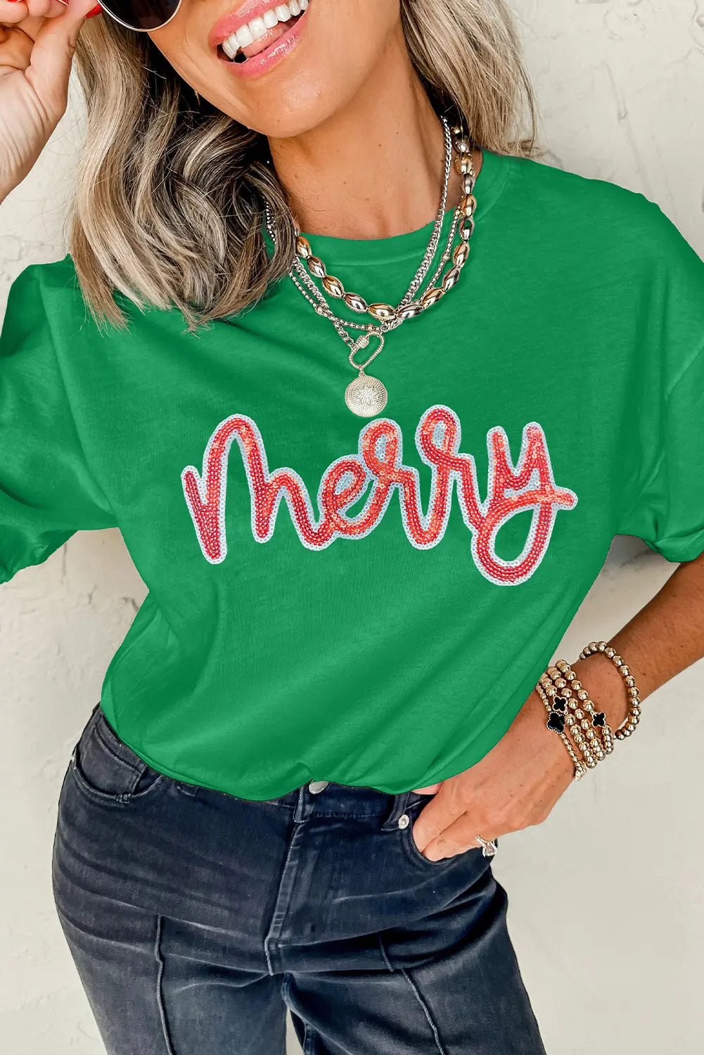 merry Sequin Letter Graphic Cotton Blend Tee