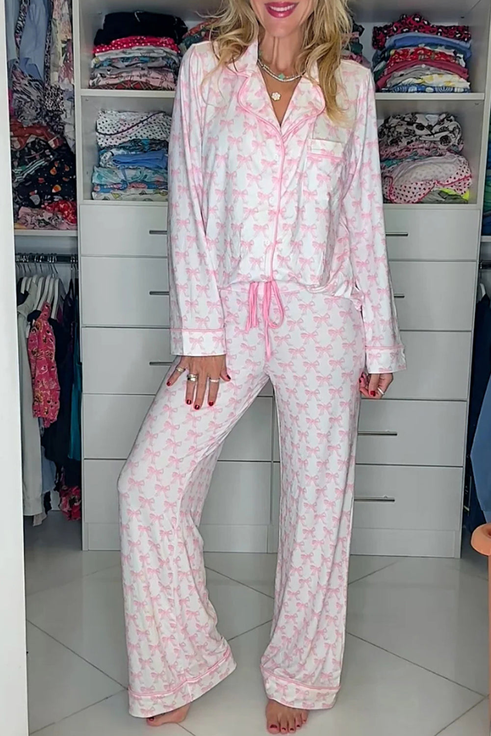 Pink Bow Print Long Sleeve Soft Pyjama Set eAura