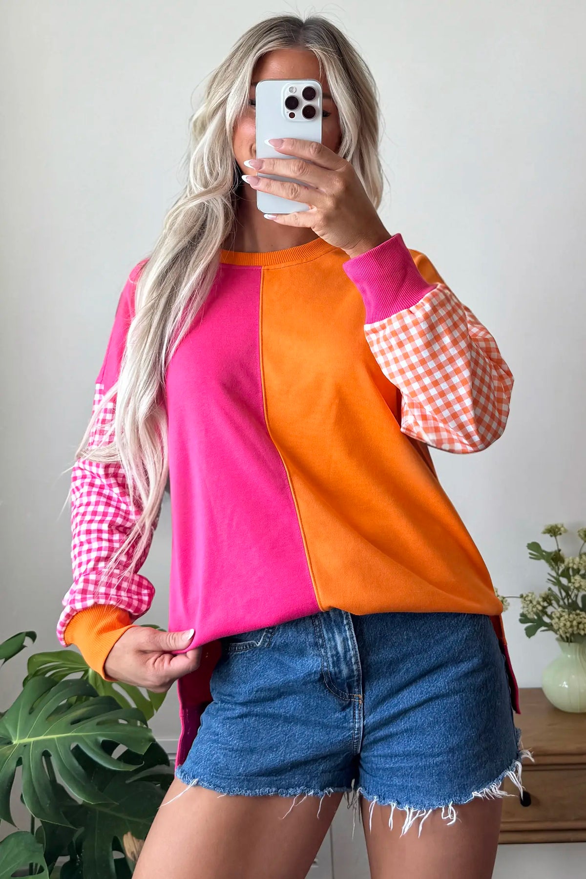 Colourblock Gingham Sleeve Crewneck Sweatshirt – Rose Red