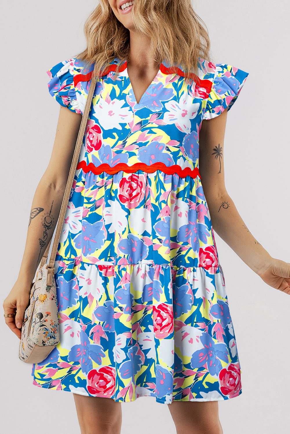 Pink Floral Printed V Notched Ric Rac Flutter Sleeve Dress - eAura