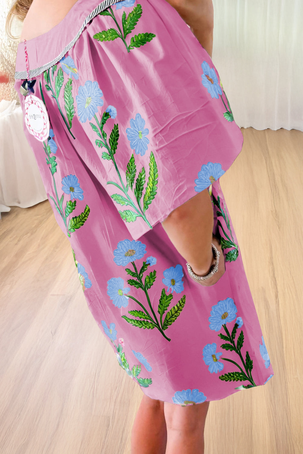 Floral Short Sleeve Split Neck Loose Mini Dress eAura