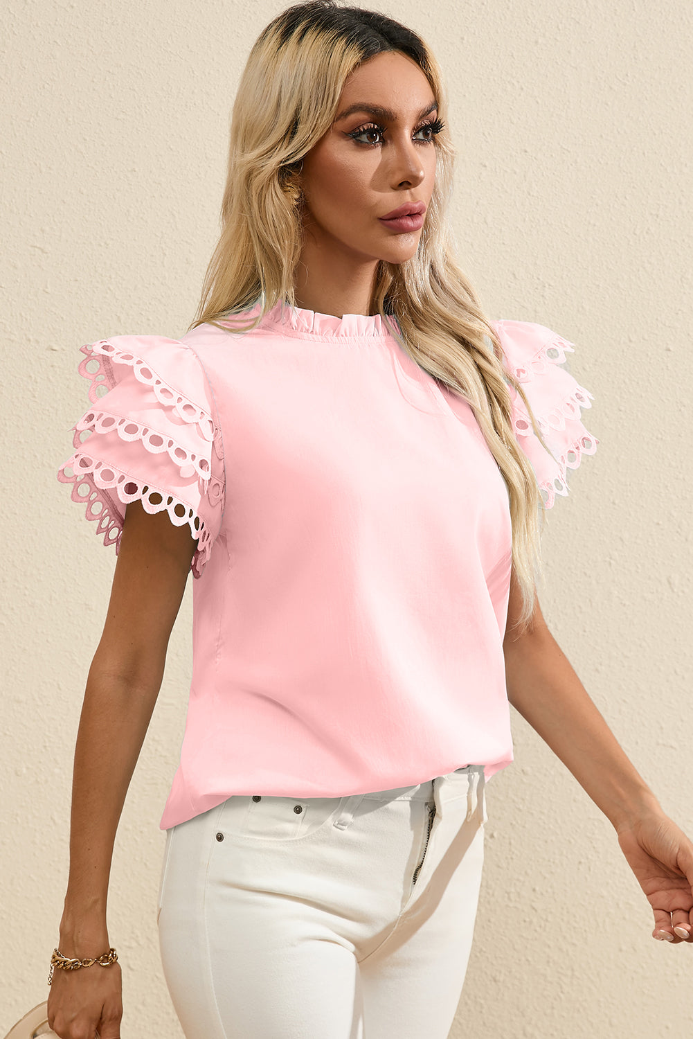 Light Pink Layered Ric Rac Cap Sleeve Frilled Neck Blouse BB Fashion Outlet