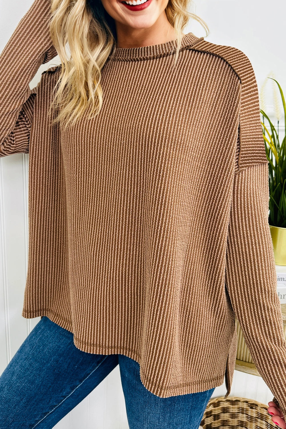 Twist Ribbed Exposed Seam Detail Long Sleeve Loose Top - Brown / S - Tops/Long Tops