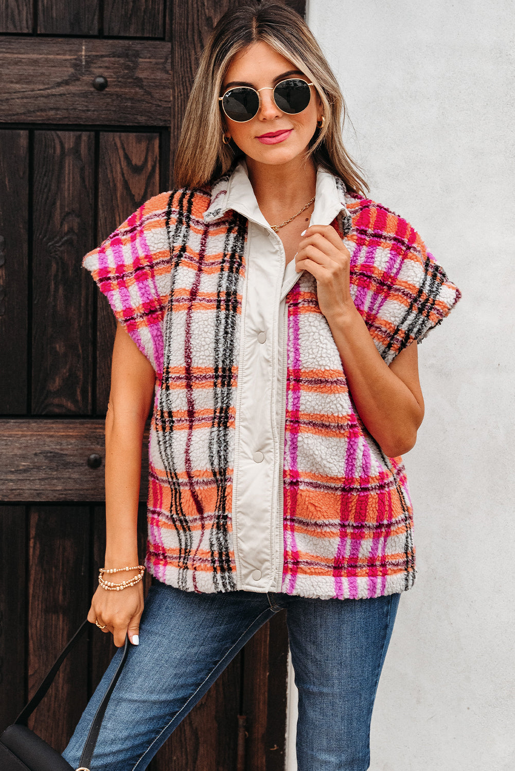 Rose Sherpa Plaid Jacket Gilet eAura