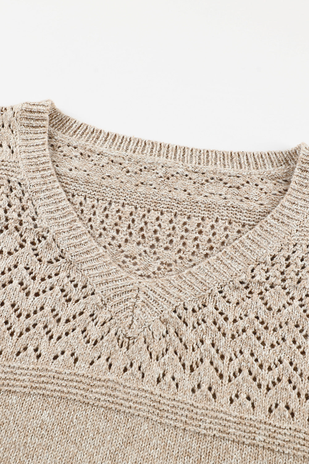 Brown Eyelet Pattern Detail V Neck Drop Shoulder Sweater eAura