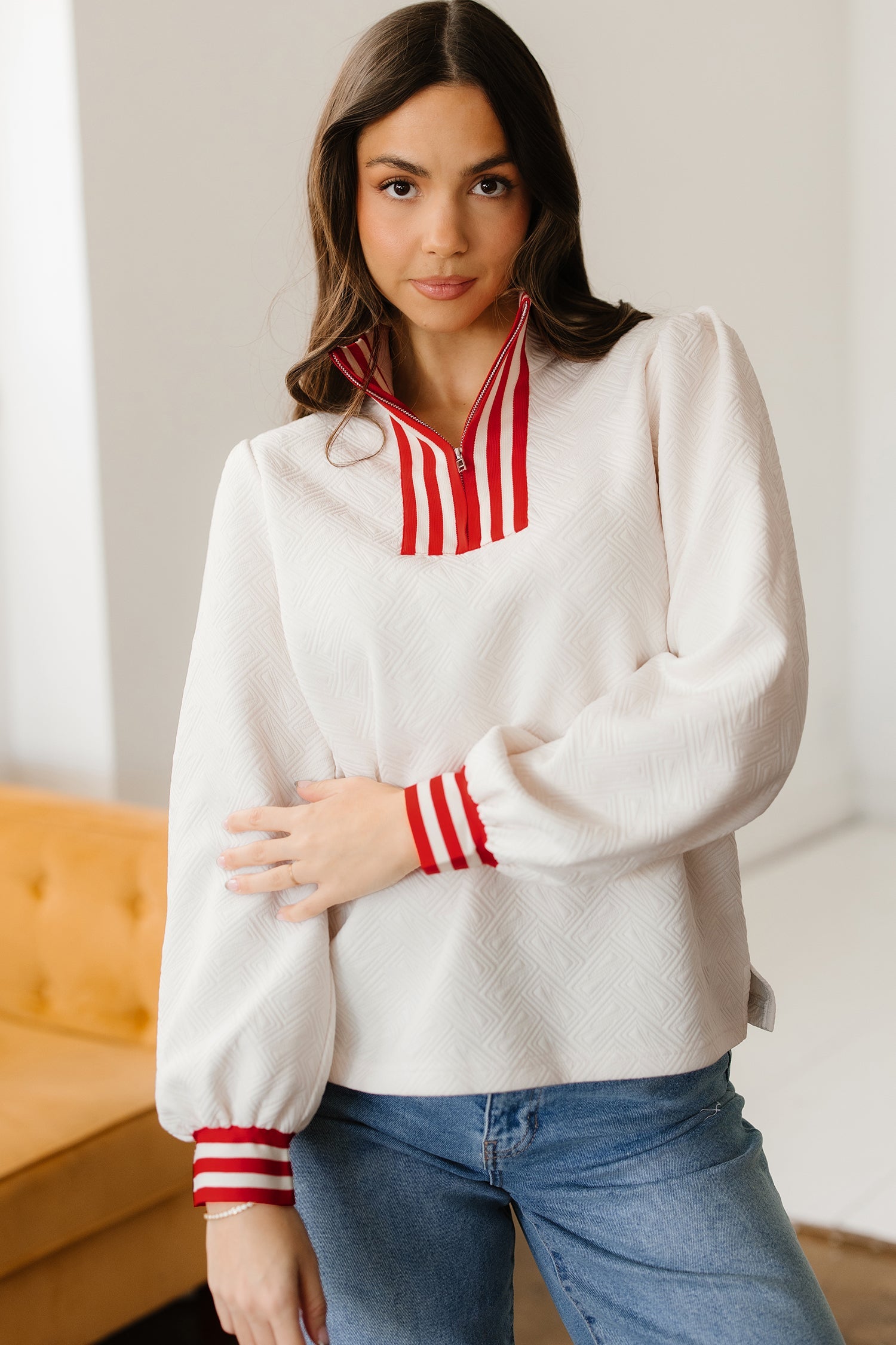 Textured Contrast Striped Accent Zip Collar Pullover Top - Tops/Long Sleeve Tops