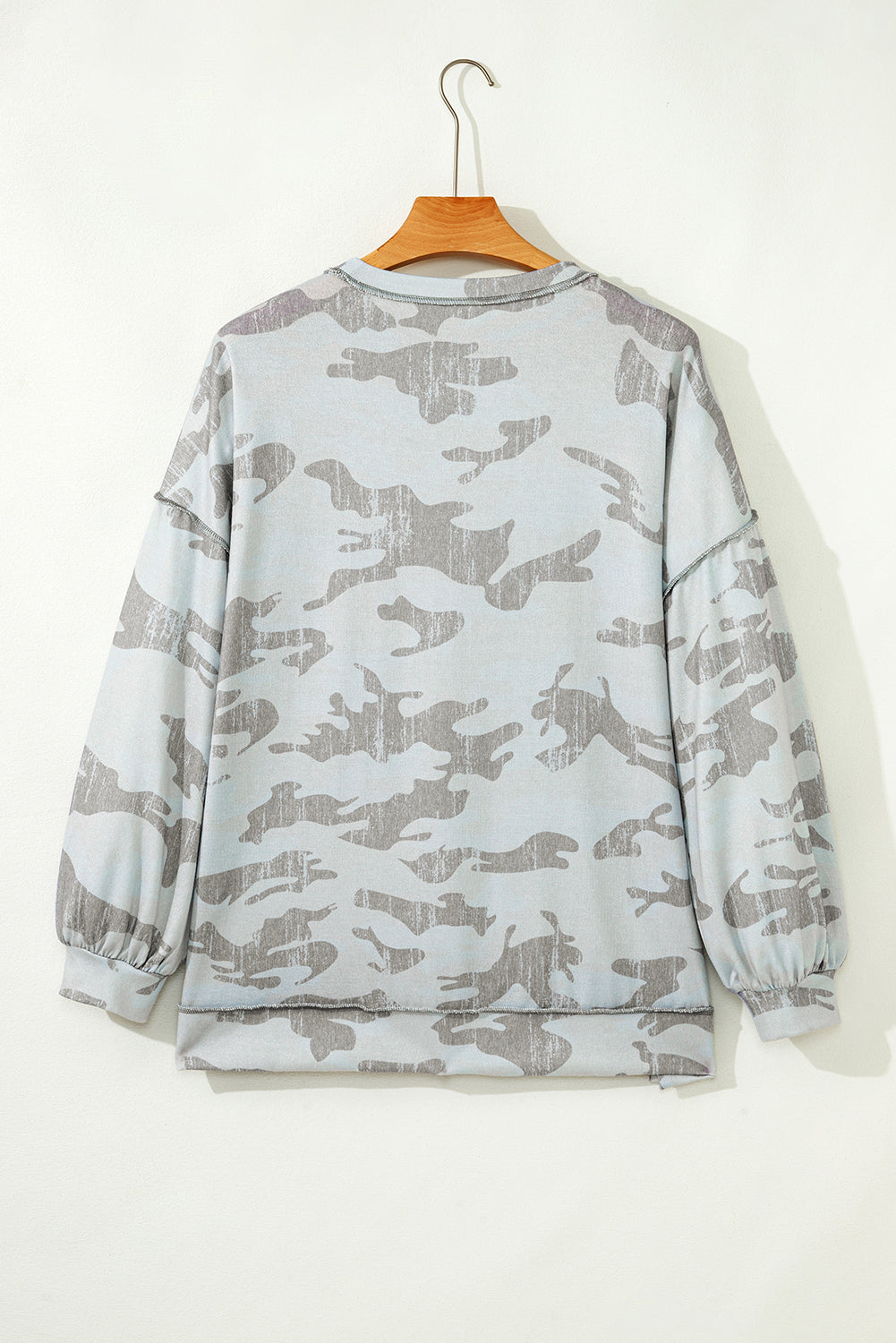 Retro Camouflage Print Exposed Seam Patchwork Drop Shoulder Sweatshirt - eAura