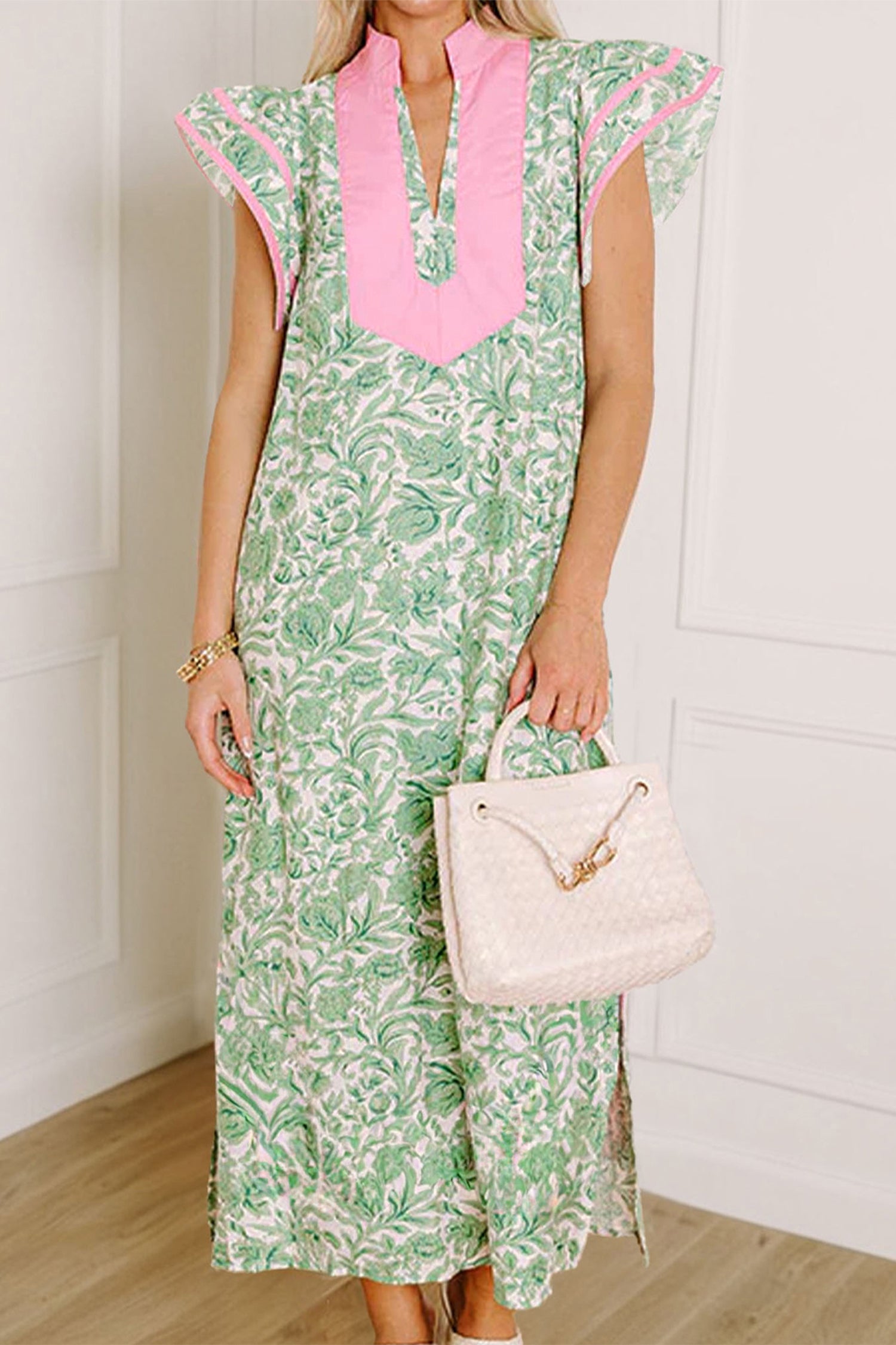 Floral Print Colour Block Patchwork V-Neck Short Sleeve Midi Dress