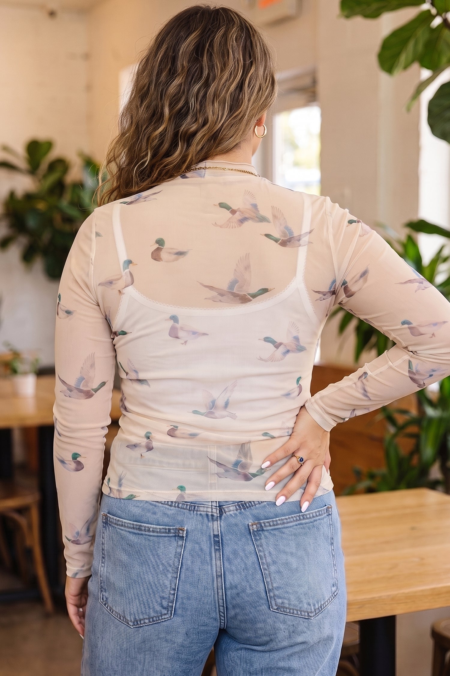 Mesh Duck Print Tunic Long Sleeve Plus Size Blouse – Beige