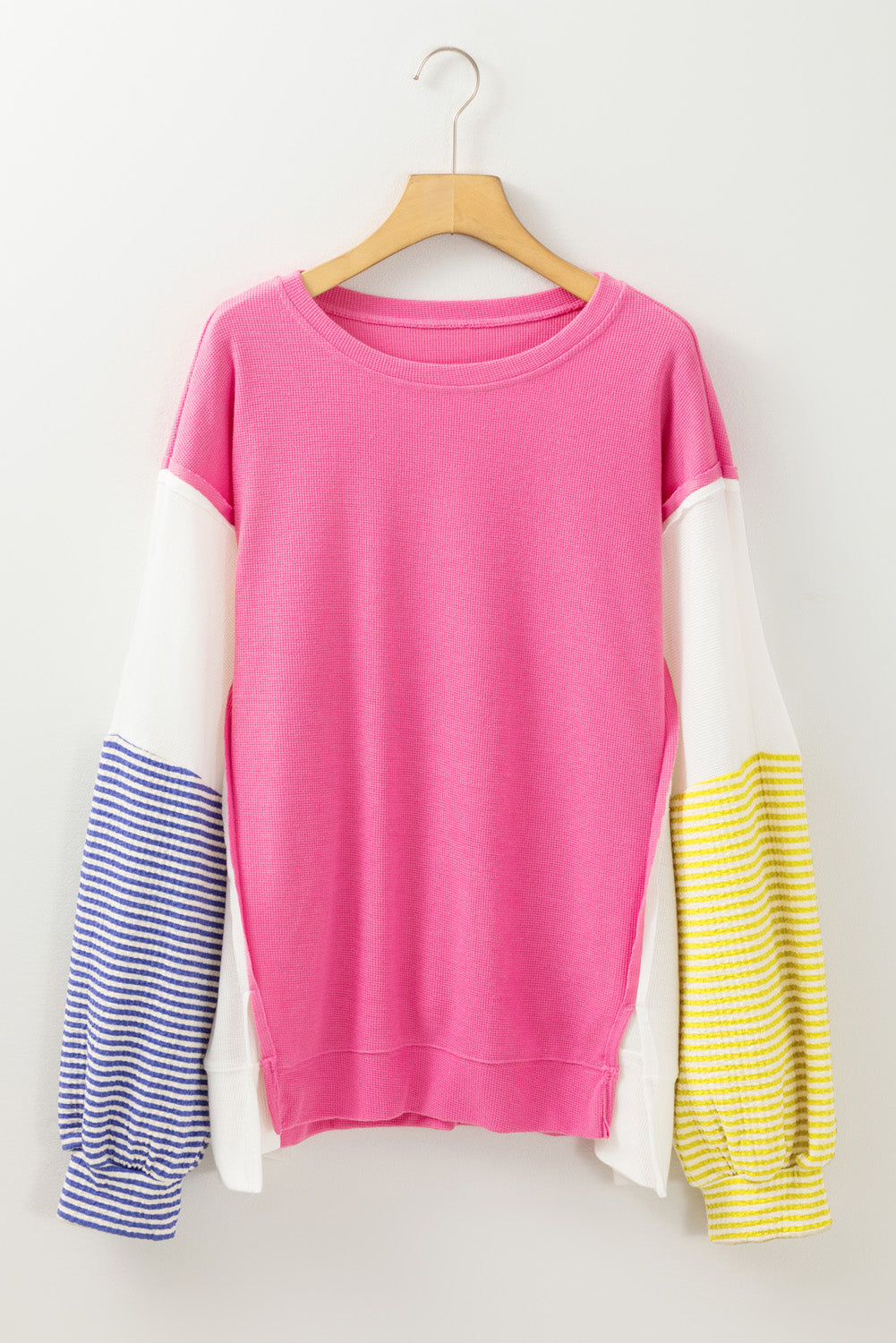 Rose Red Colourblock Patchwork Striped Puff Sleeve Plus Size Top with Slits BB Fashion Outlet