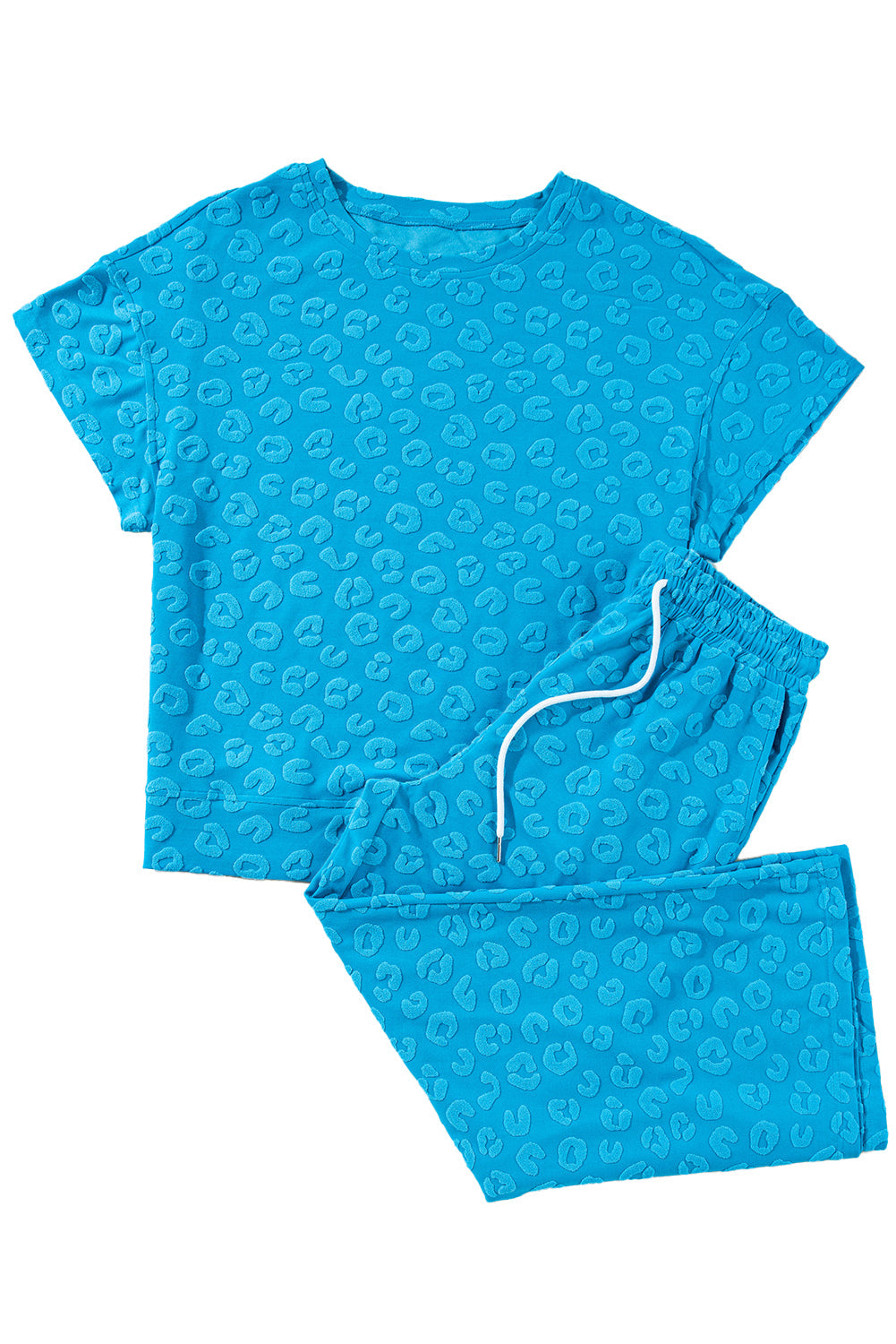 Blue Leopard Jacquard Short Sleeve Top and Wide Leg Trousers Set eAura