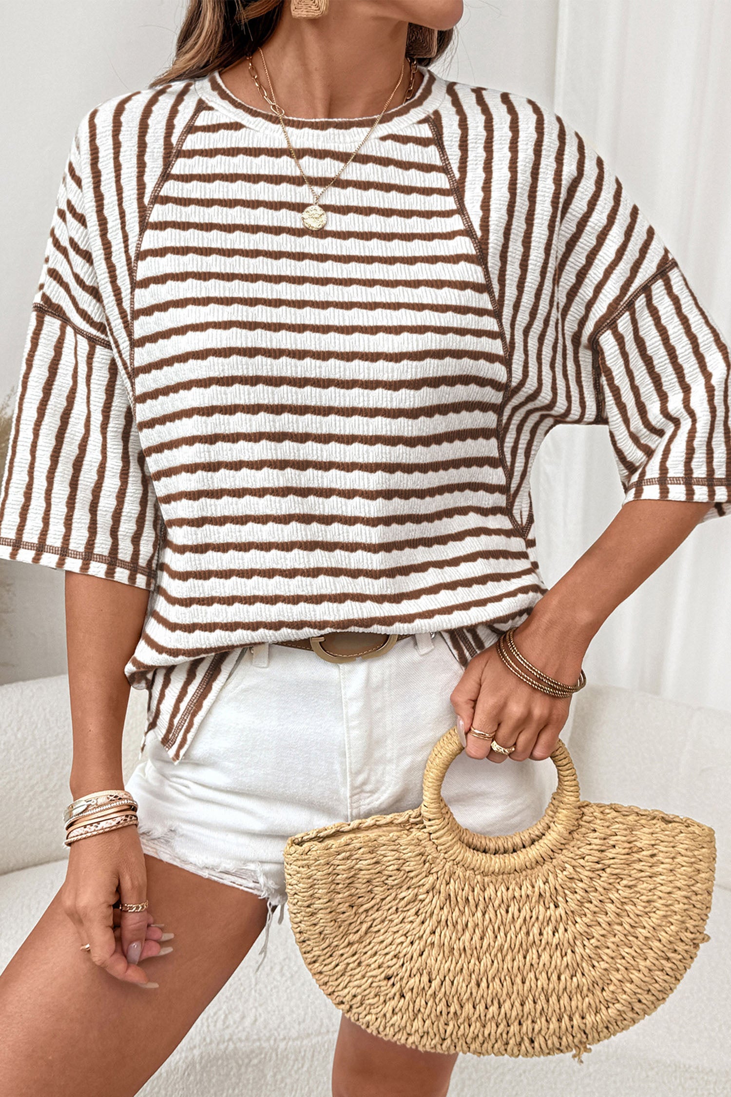 Striped Textured Knit Split Hem Half Sleeve Loose Top