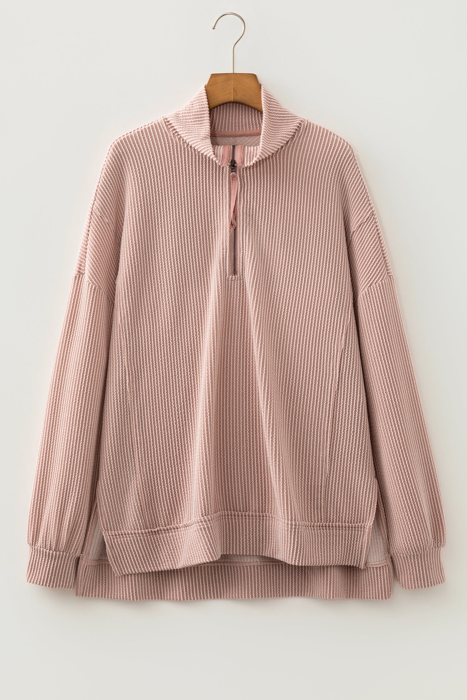 Oatmeal Twist Ribbed Zipper Collar Drop Shoulder Long Sleeve Top – Beige