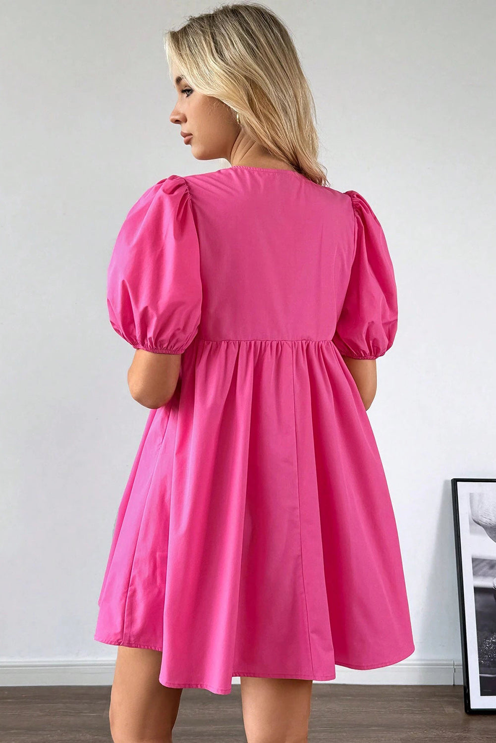 Bright Pink Solid Colour Puff Sleeve Tie Front High Waist Mini Dress eAura