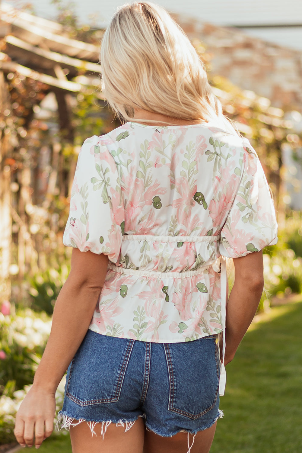 Pink Floral Puff Sleeve V Neck Tied Front Peplum Blouse eAura