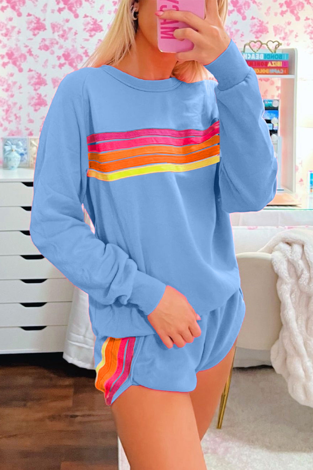 Beau Blue Striped Accent Pullover and Shorts Two Piece Casual Set Beagle Boutique Fashion Outlet