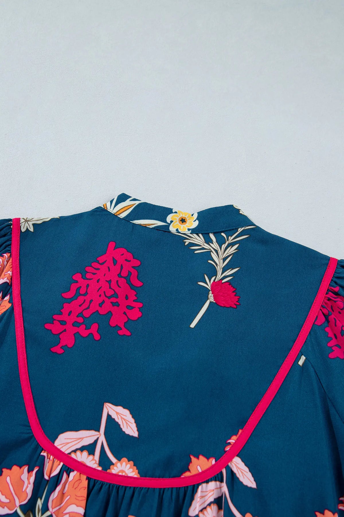 Floral Print Gathered Neckline 7/8 Sleeve Casual Midi Dress