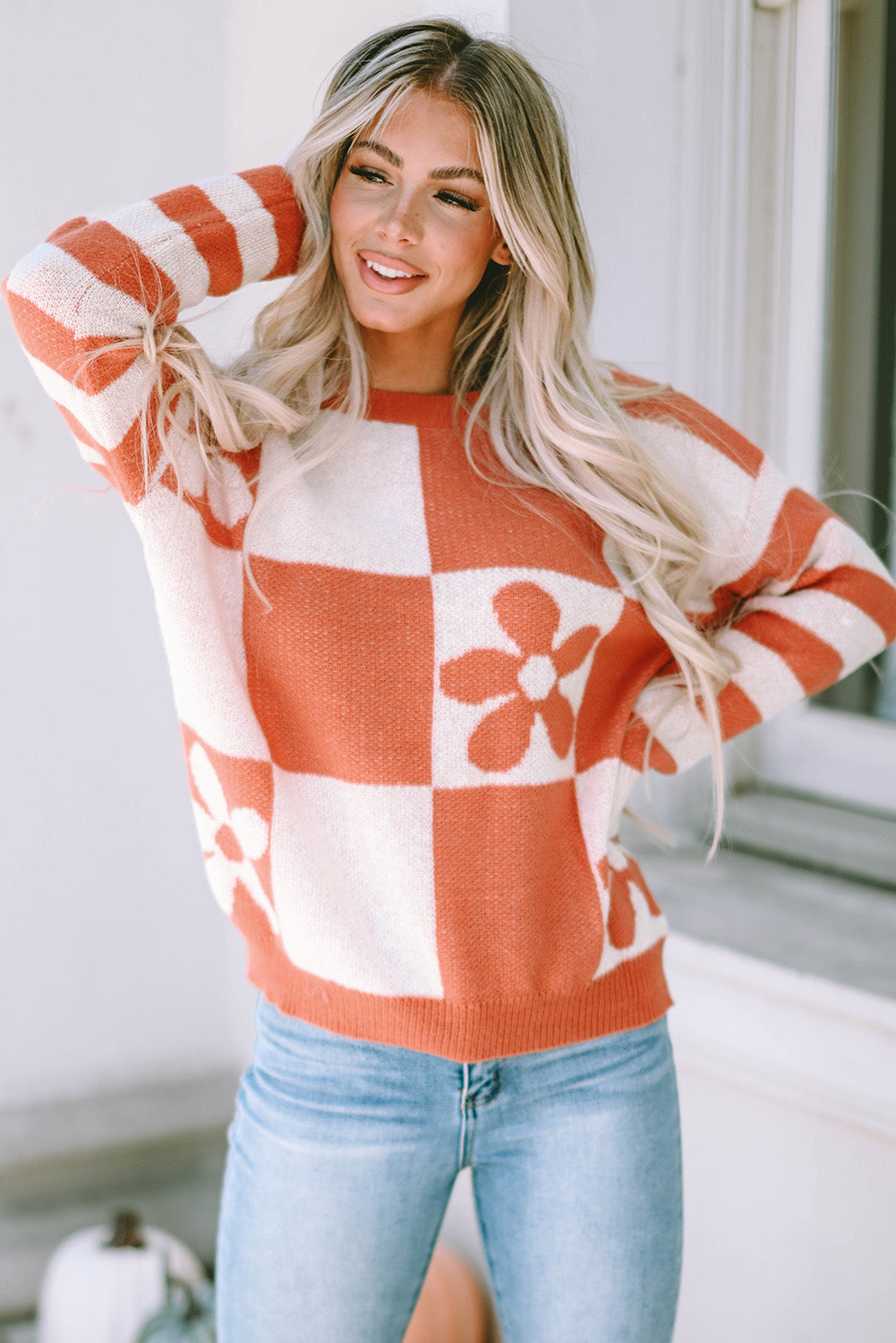 Brown Checkered Floral Print Striped Sleeve Sweater eAura