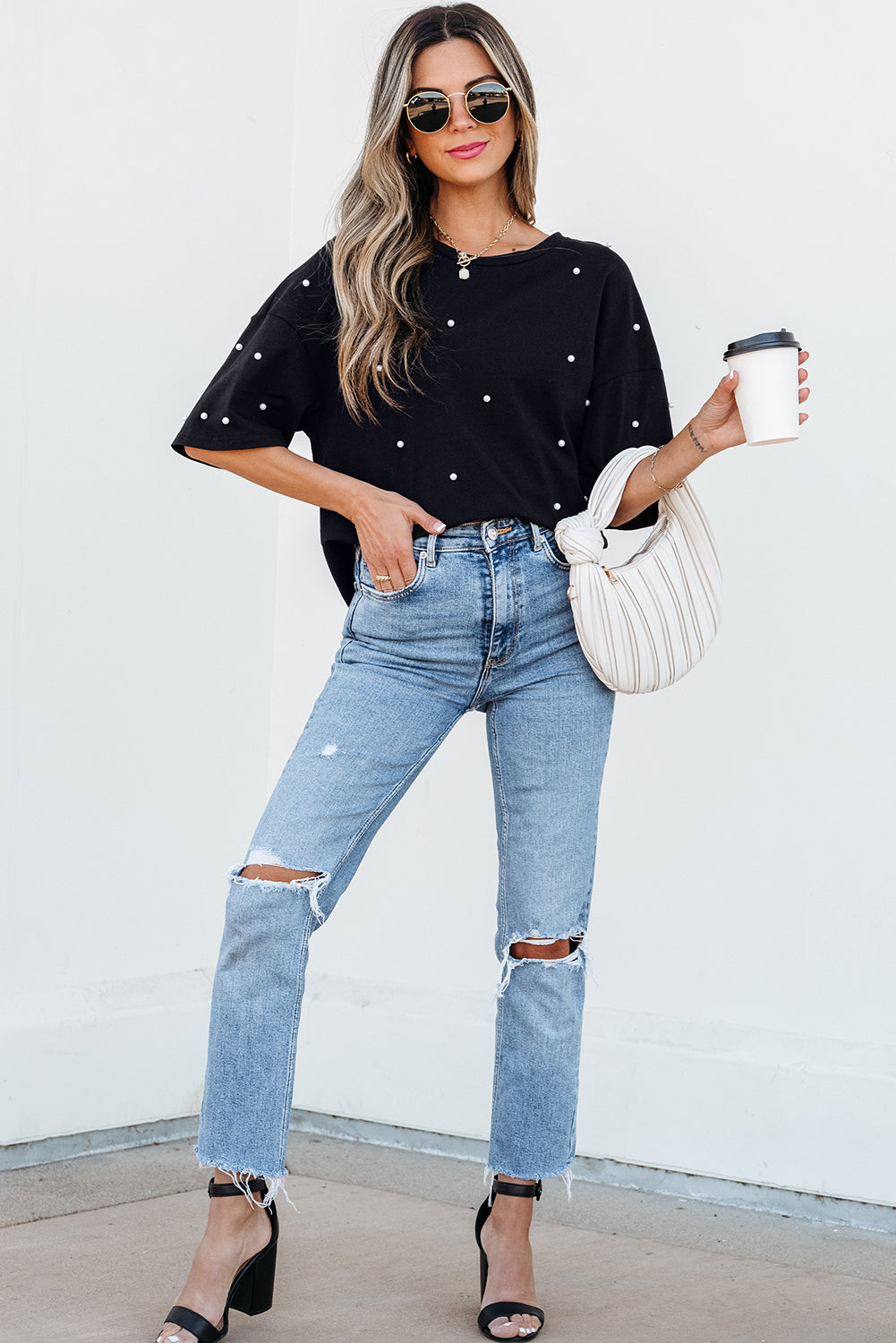 Black Pearl Beaded Drop Shoulder Crewneck T Shirt eAura