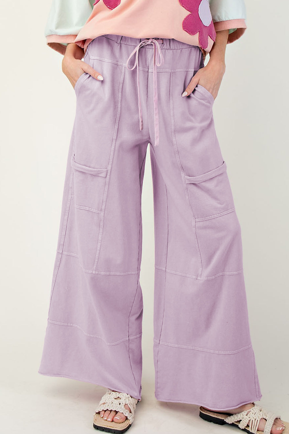 Mineral Wash Exposed Seam Drawstring High Waist Wide Leg Cargo Trousers eAura