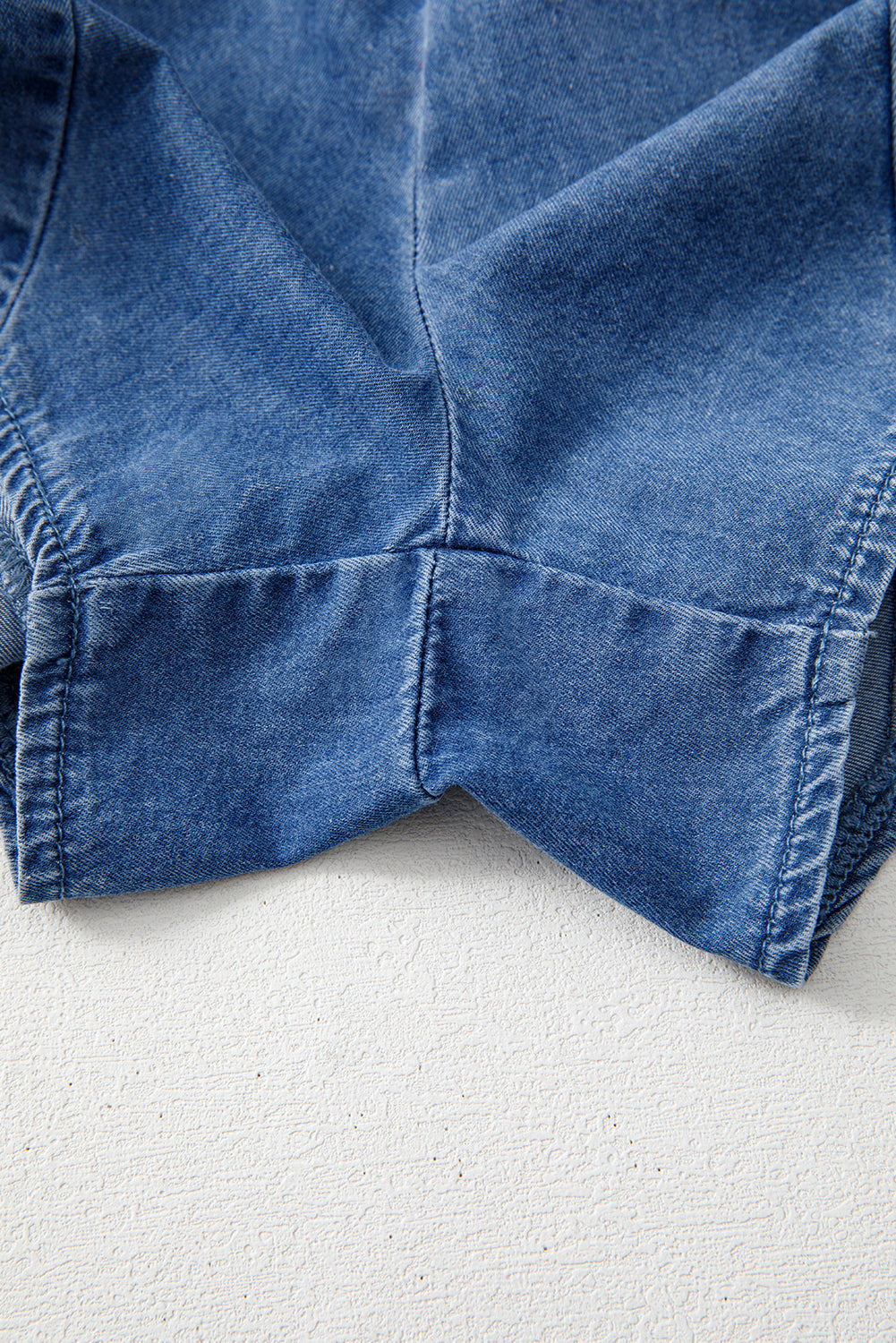 Ashleigh Blue Spaghetti Straps V Neck Belted Ruffled Leg Chambray Romper eAura