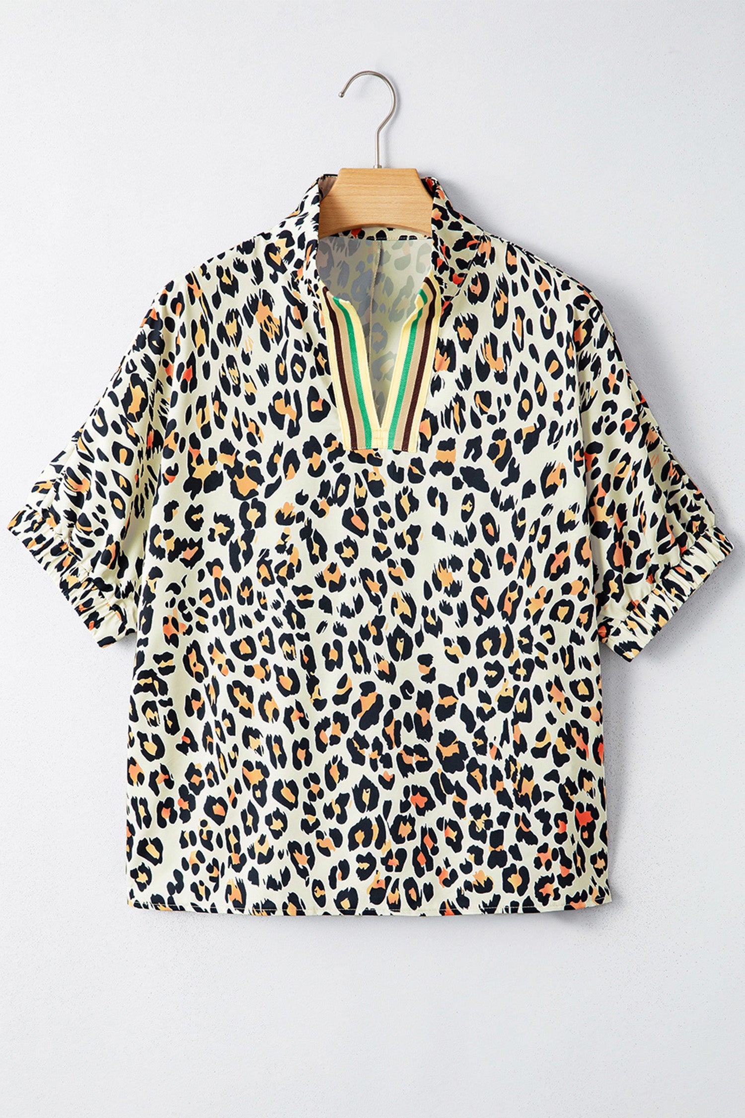 Leopard Contrast Striped V-Neck Loose Fit Blouse