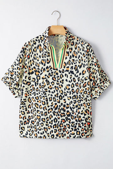 Leopard Contrast Striped V-Neck Loose Fit Blouse