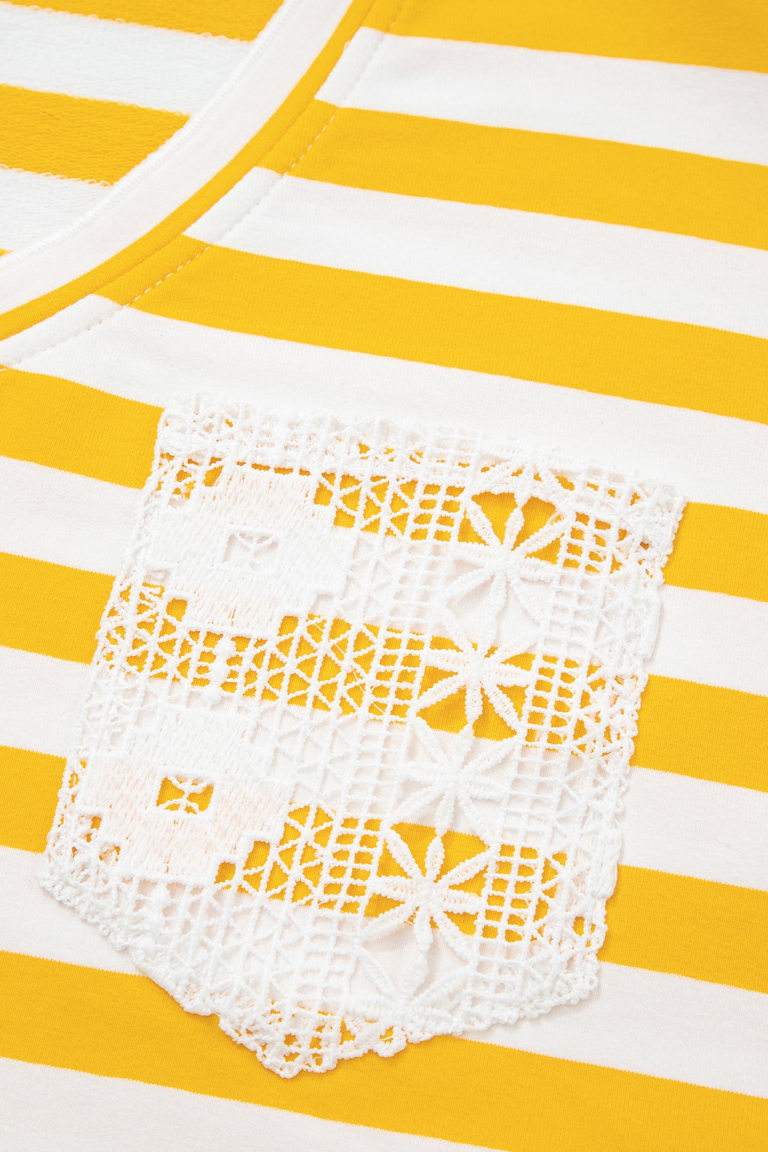 Striped Lace Patchwork V Neck Long Sleeve Top – Yellow Stripe