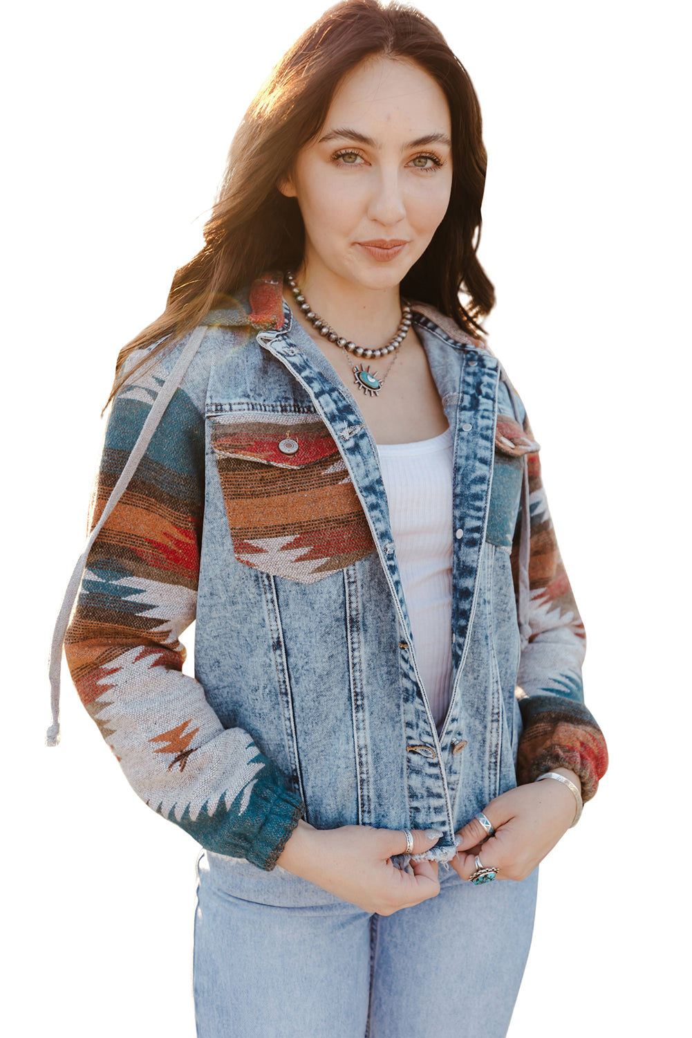 Multicolour Aztec Print Frayed Hem Denim Jacket eAura