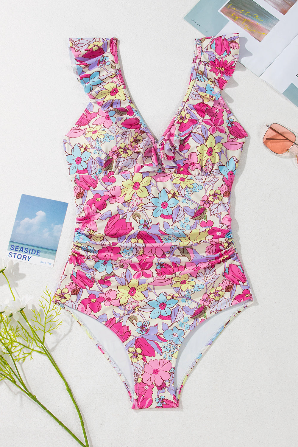 Pink Floral Ruffle Trim V Neck Lace-up Back Tummy Control One Piece Swimsuit eAura