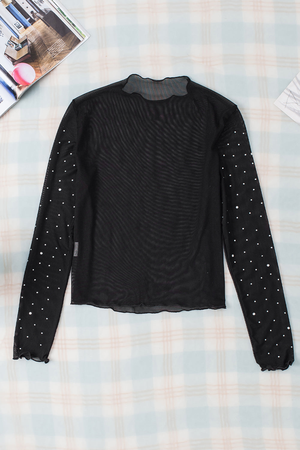 Black Rhinestone Sheer Mesh Slim Fit Long Sleeve Top eAura