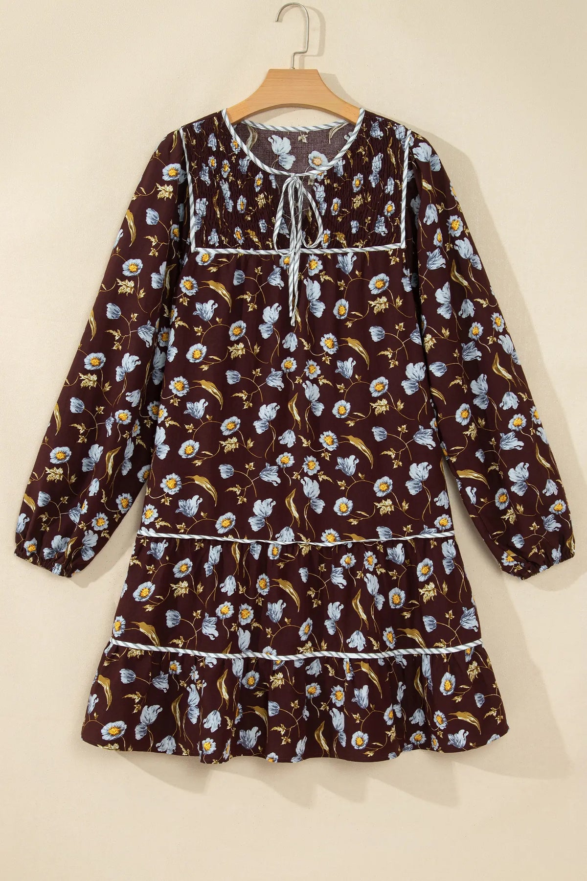 Floral Print Shirred V Neck Shift Dress – Brown