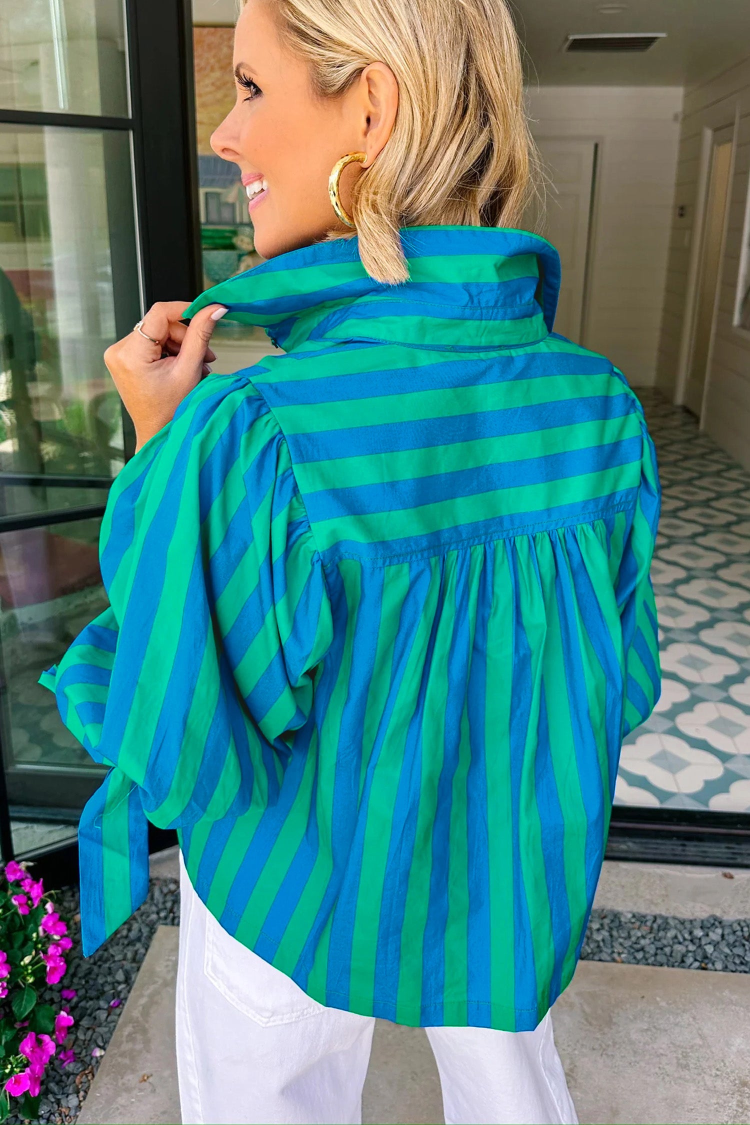 Tie Puff Sleeve Button Down Shirt – Blue Stripe