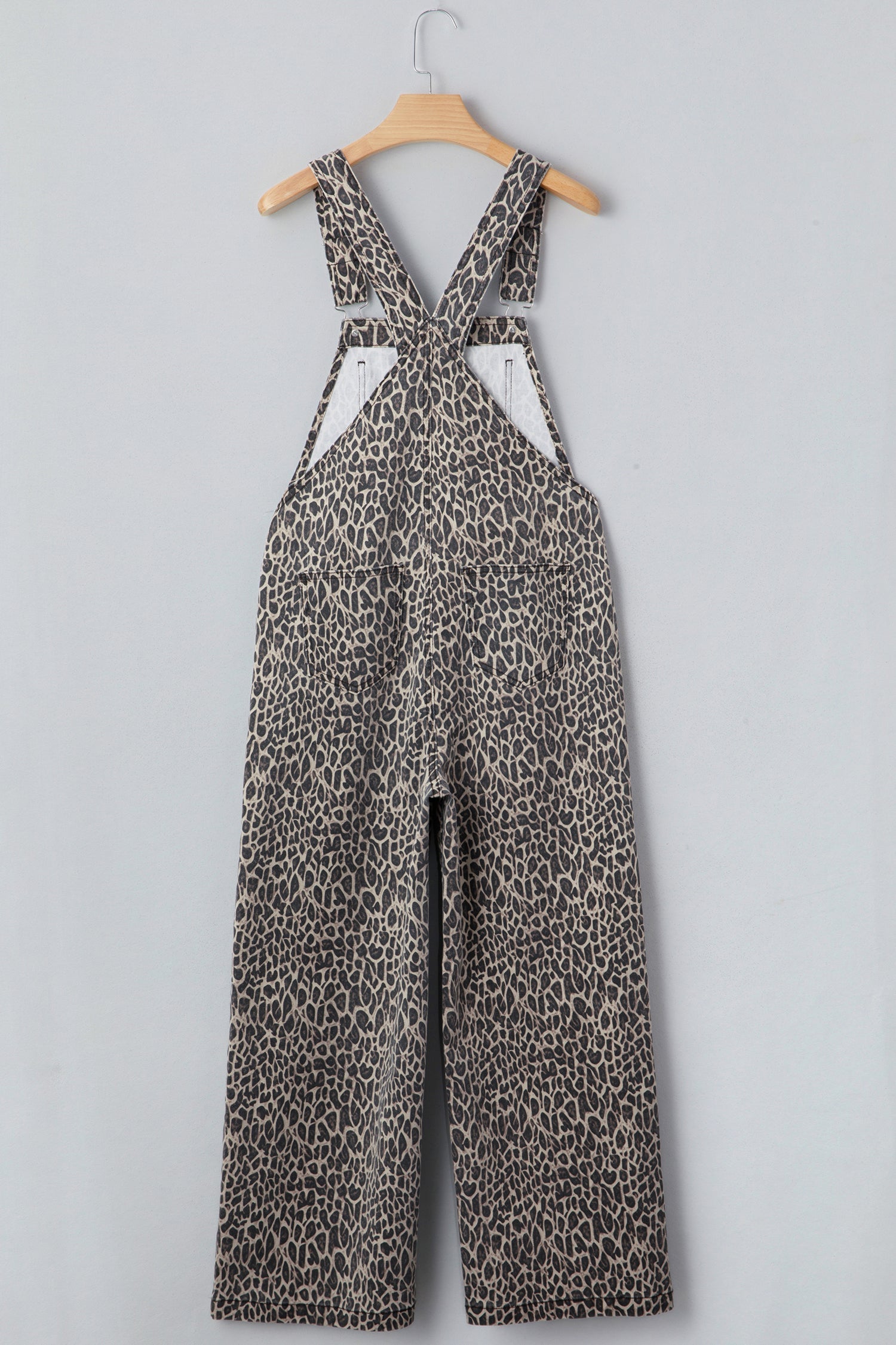 Leopard Print Straight Leg Loose Denim Jumpsuit Dungarees - eAura