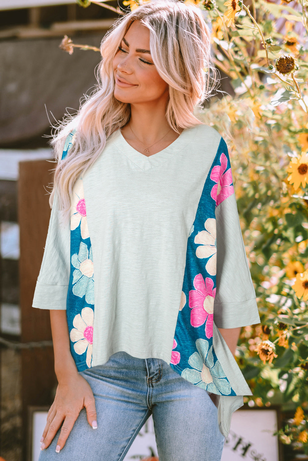 Pink Flower Patchwork Exposed Seam Oversized High Low Top eAura