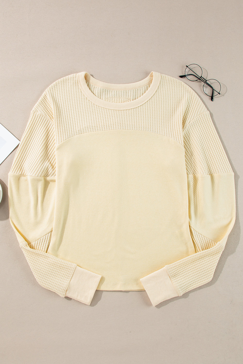 Beige Thermal Knit Patchwork Exposed Seam Long Sleeve Top BB Fashion Outlet