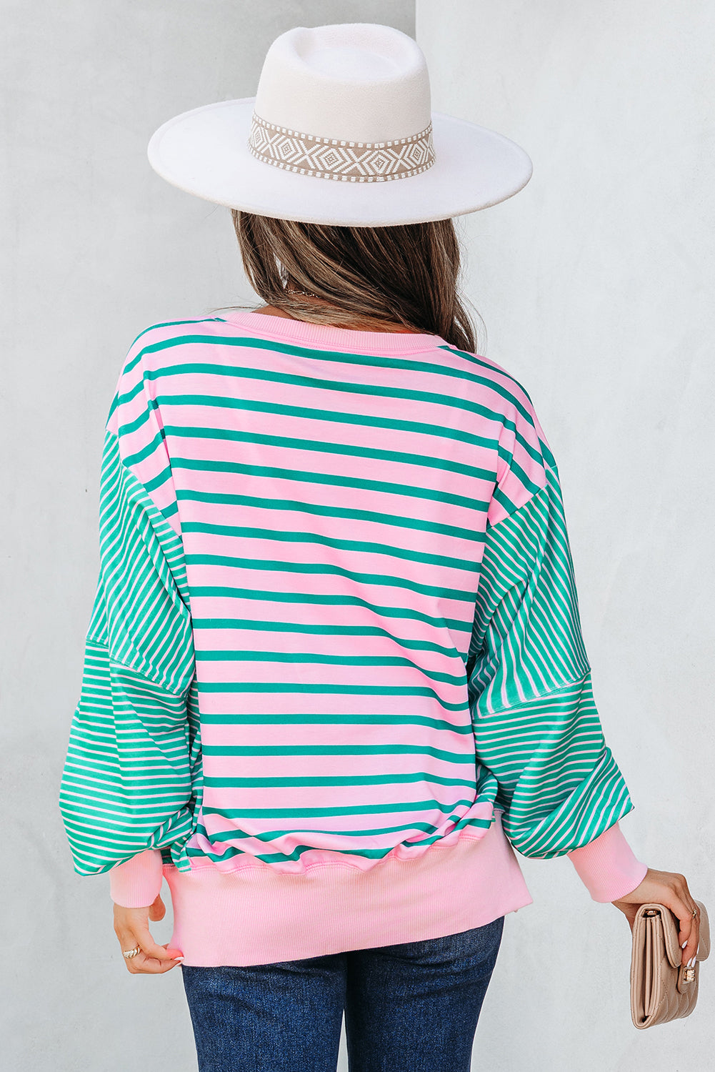 Green Stripe Patchwork Side Slit Oversized Sweatshirt - eAura