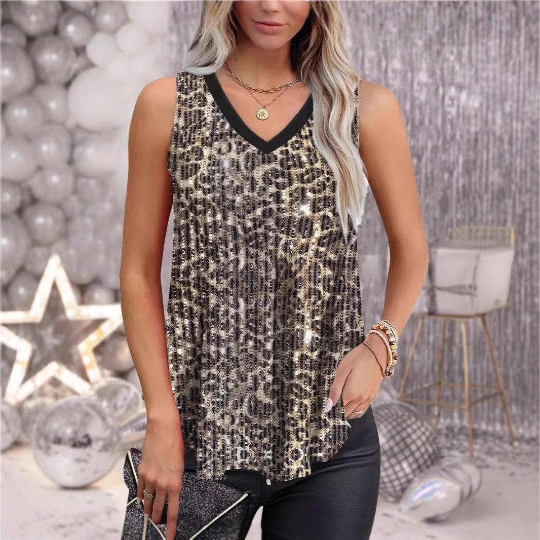 Sequinned Sleeveless Top Leopard Print eprolo