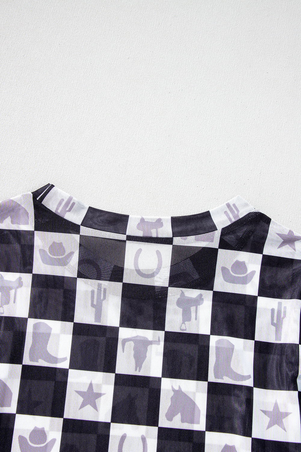 Black Checkerboard Western Elements Printed Mesh Long Sleeve Top eAura