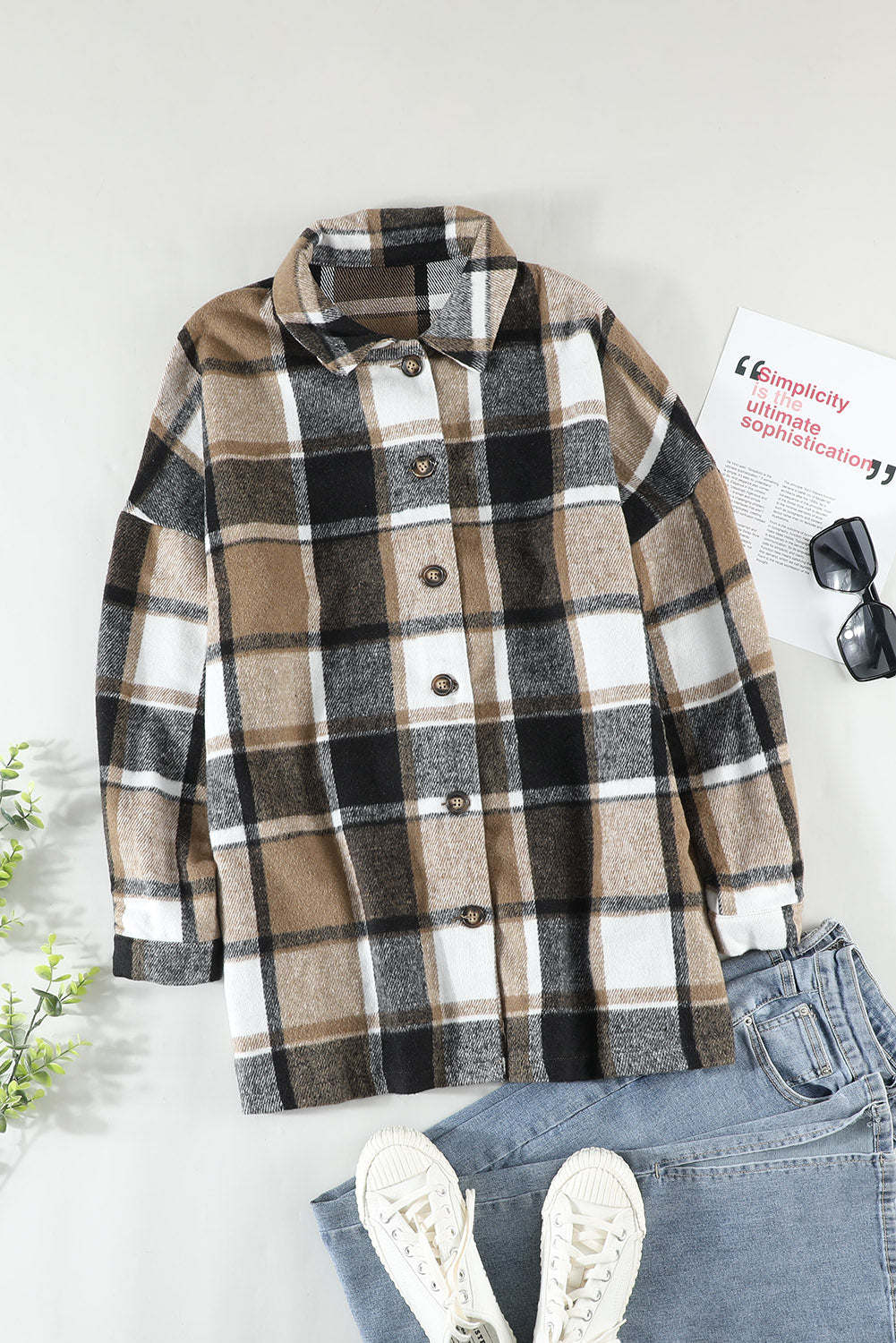 Plaid Print Buttoned Shirt Jacket Beagle Boutique Fashion Outlet