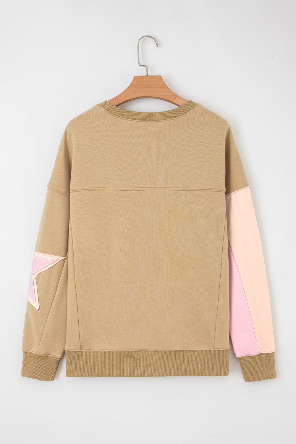 Contrast Star Patchwork Exposed Seam Uneven Hem Drop Shoulder Sweatshirt - eAura