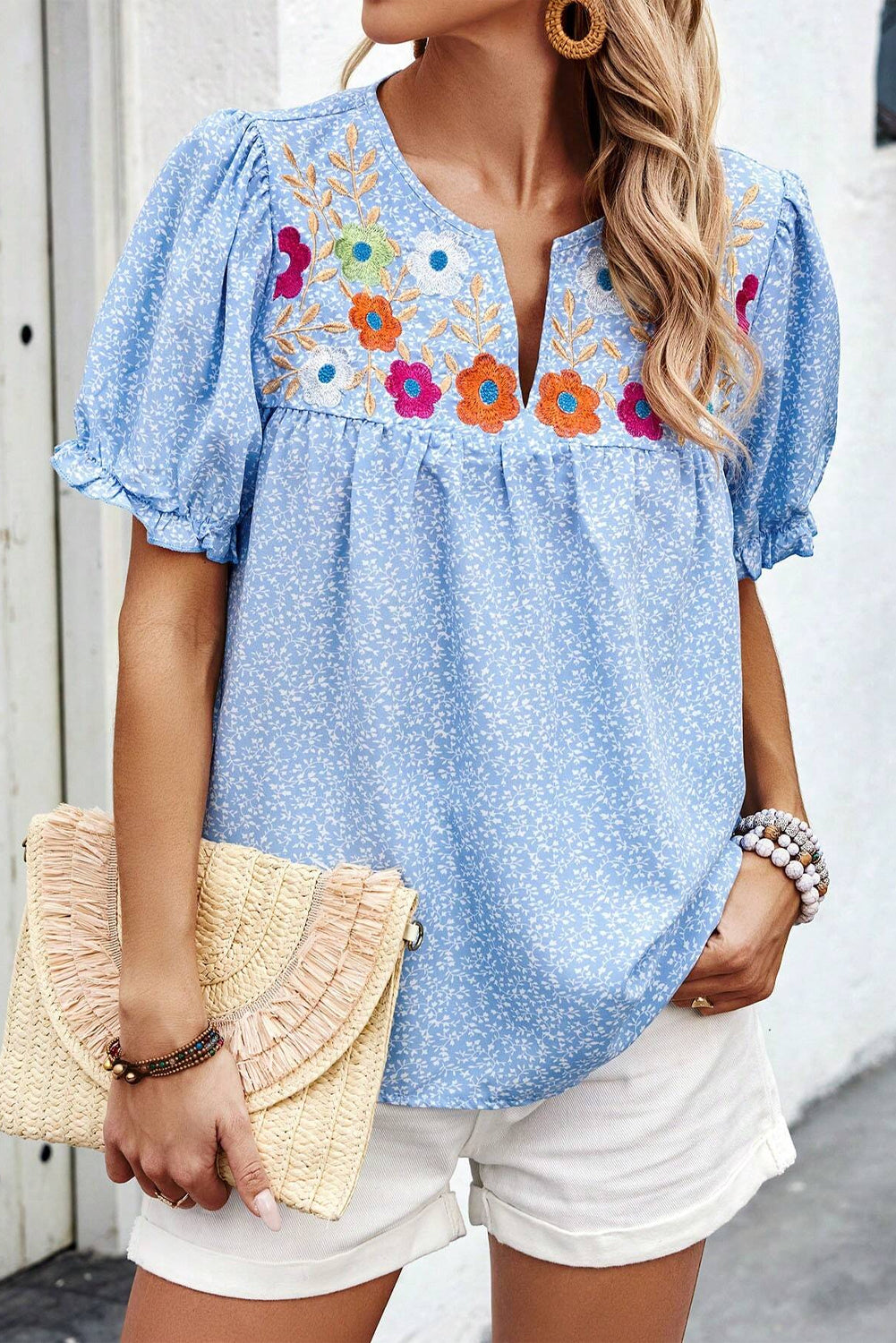 Sky Blue Floral Embroidered Puff Sleeve Notched V Neck Blouse eAura