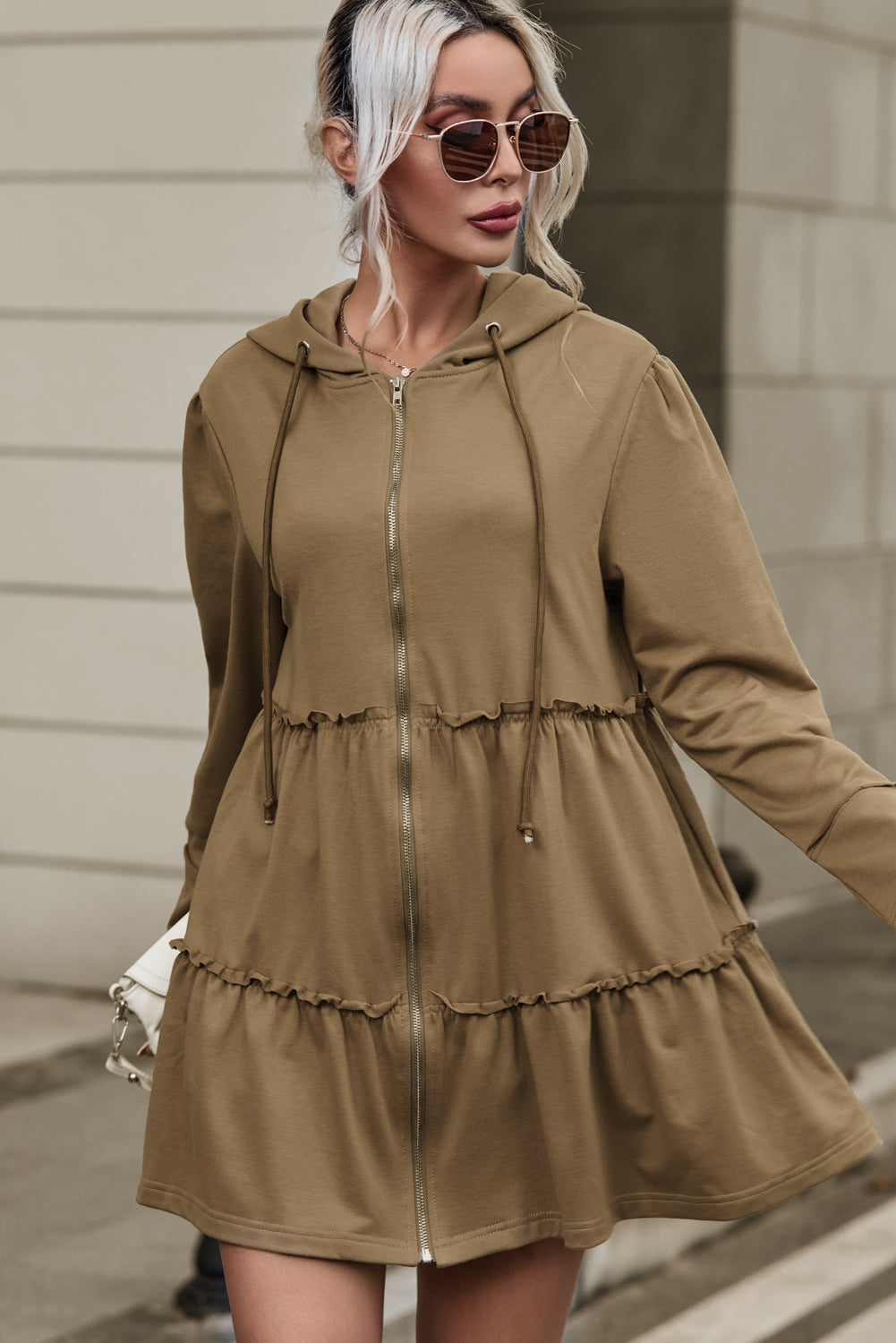 Khaki Tiered Ruffled Zip-Up Drawstring Hooded Jacket eAura