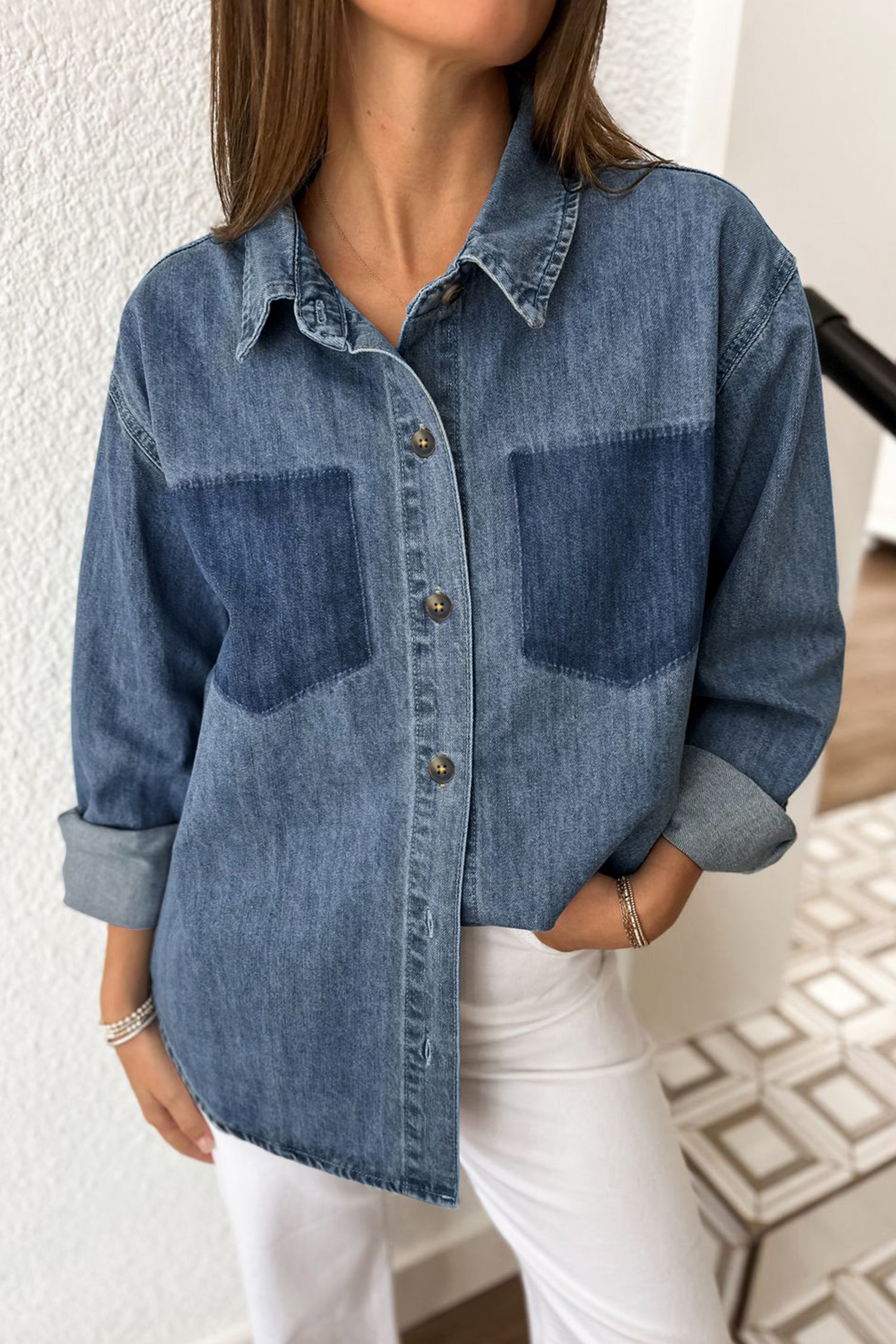 Color Block Pocket Detail Casual Button Down Denim Shirt – Sky Blue