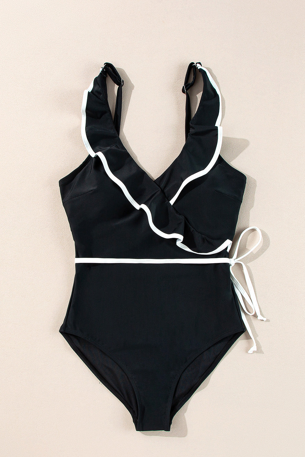 Black Colour Contrast Ruffled Wrap V Neck Swimsuit eAura
