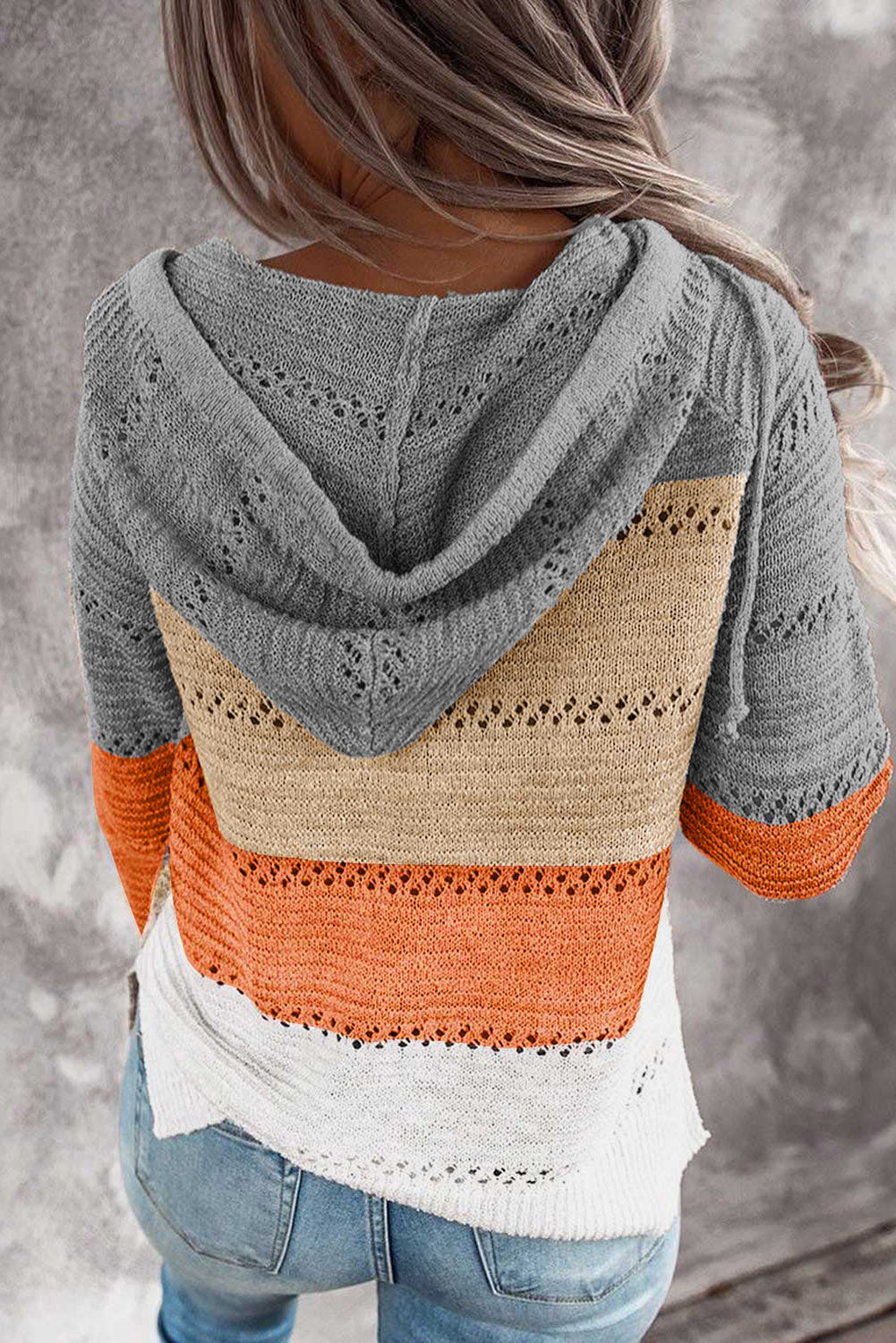 MultiColour Zipped Front Colourblock Hollow-out Knit Hoodie eAura