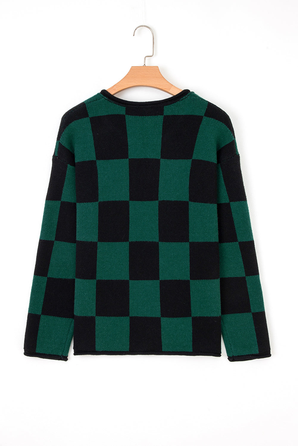 Checked Notched Neckline Drop Shoulder Knit Sweater eAura