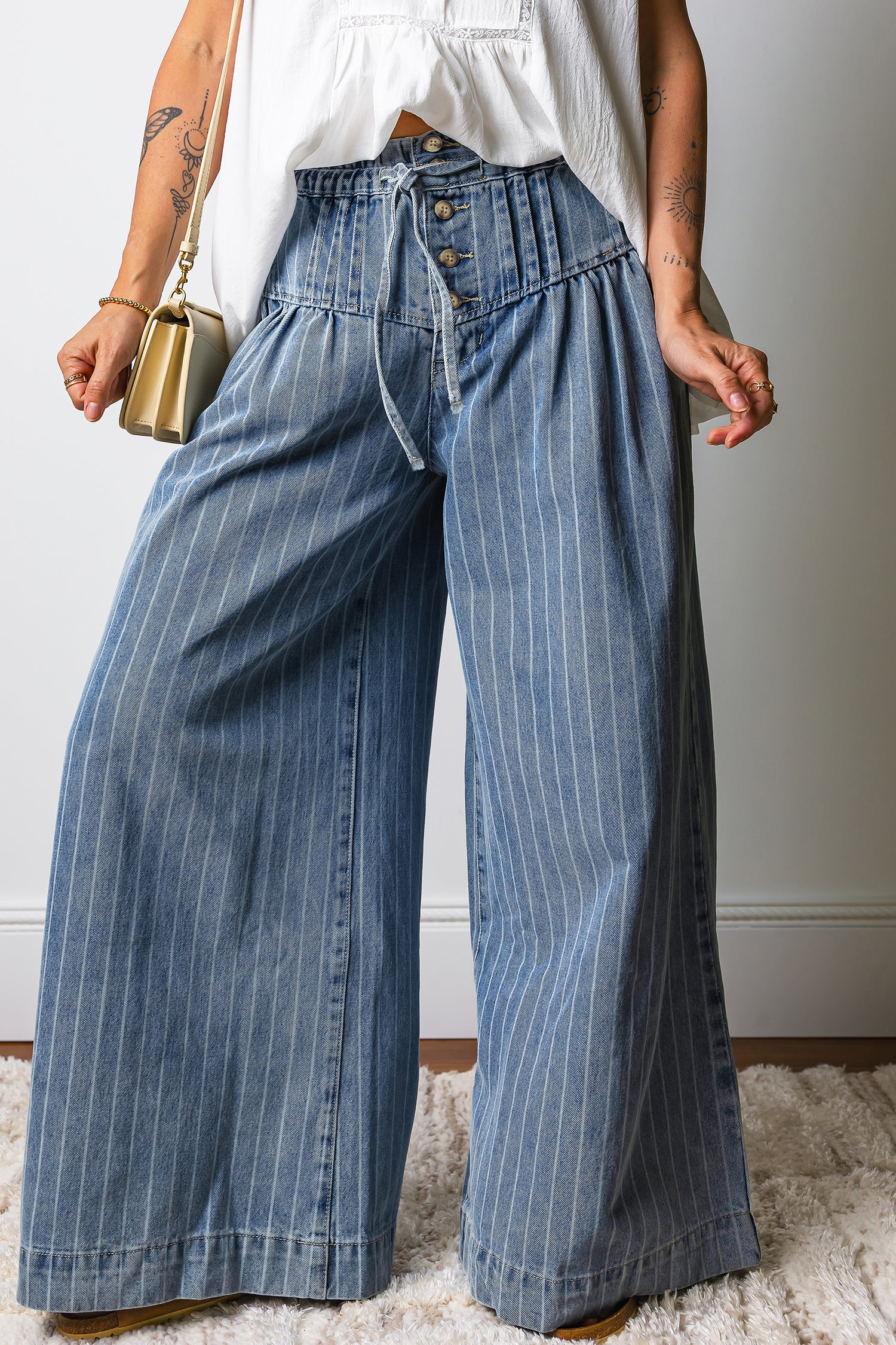 Stripe Button Pleated Drawstring Waist Wide Leg Jeans - Bottoms/Jeans/WideLeg