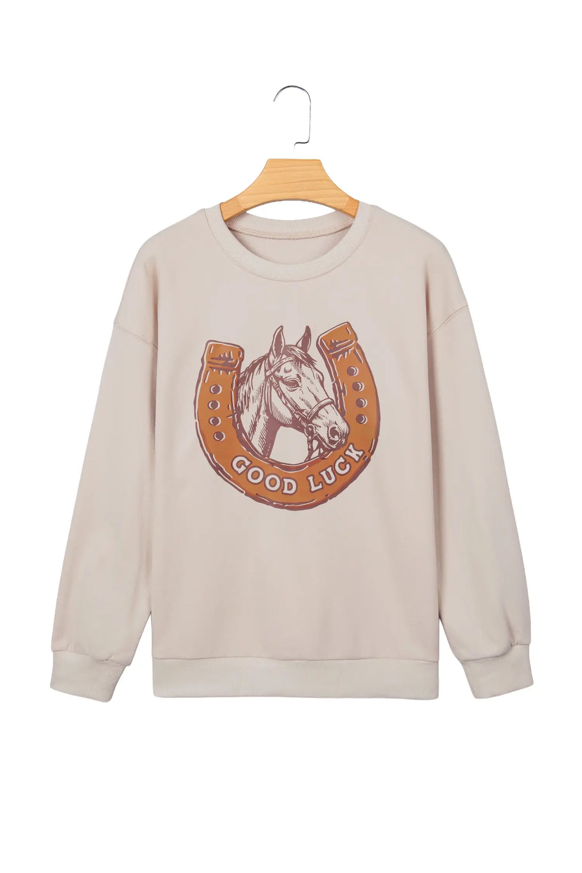 GOOD LUCK Western Horse Print Oversized Pullover Sweatshirt – Beige